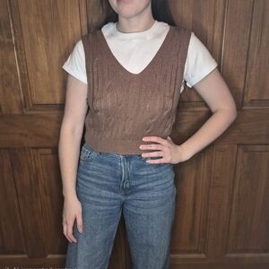 Brown Cable Knit Cropped Sweater Vest